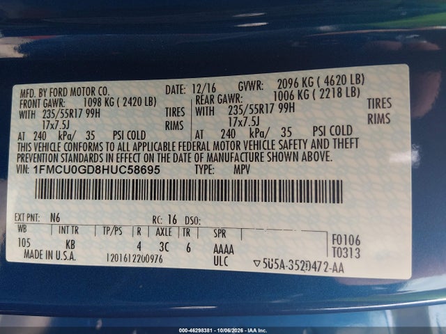 Aukcja sprzedaży 2017 Ford Escape Se, vin: 1FMCU0GD8HUC58695, numer aukcji: 46298381