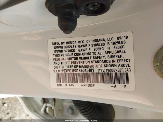 Продаж на аукціоні авто 2019 Honda Civic Ex, vin: 19XFC1F31KE015481, номер лоту: 46298395