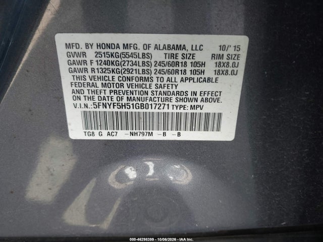 Продажа на аукционе авто 2016 Honda Pilot Ex-l, vin: 5FNYF5H51GB017271, номер лота: 46298399
