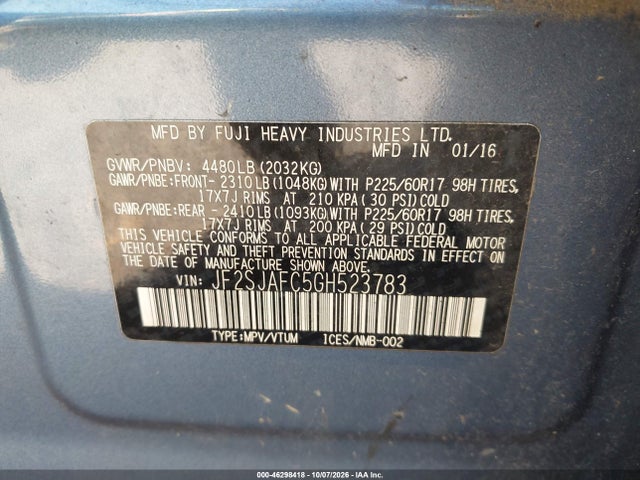Продажа на аукционе авто 2016 Subaru Forester 2.5i Premium, vin: JF2SJAFC5GH523783, номер лота: 46298418