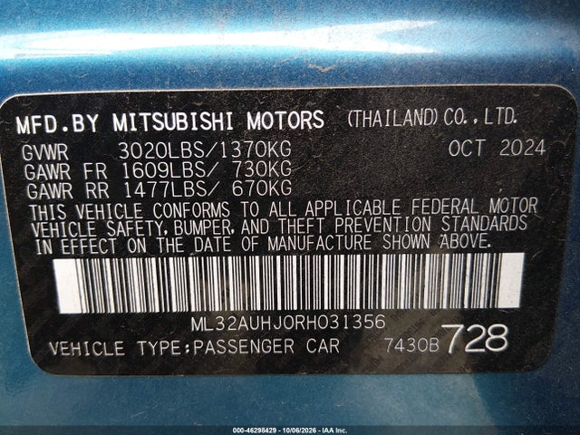 Продажа на аукционе авто 2024 Mitsubishi Mirage Es/le, vin: ML32AUHJ0RH031356, номер лота: 46298429