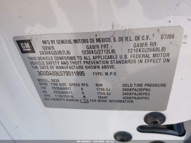 46298437 :رقم المزاد ، 3G5DA03L57S511895 vin ، 2007 Buick Rendezvous Cxl مزاد بيع