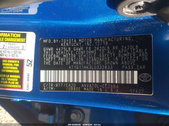 Продаж на аукціоні авто 2020 Toyota Camry Se, vin: 4T1G11AK3LU332833, номер лоту: 46298438