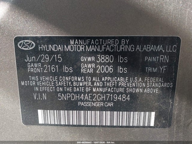 Aukcja sprzedaży 2016 Hyundai Elantra Se, vin: 5NPDH4AE2GH719484, numer aukcji: 46298443