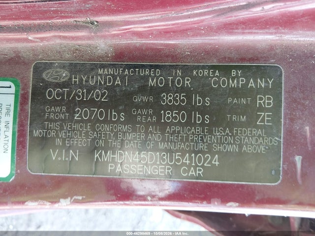 46298469 :رقم المزاد ، KMHDN45D13U541024 vin ، 2003 Hyundai Elantra Gls/gt مزاد بيع