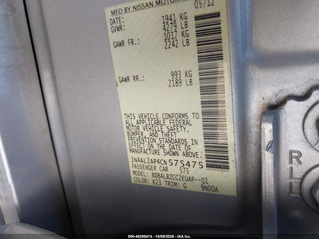 46298474 :رقم المزاد ، 1N4AL2AP4CN575475 vin ، 2012 Nissan Altima 2.5 S مزاد بيع