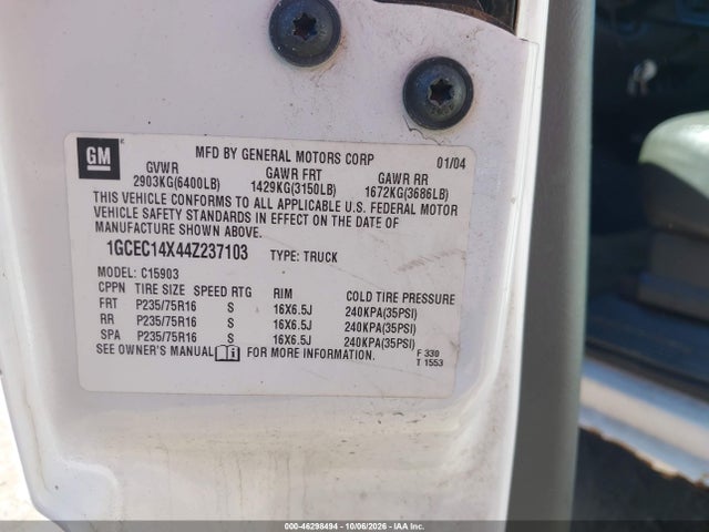 46298494 :رقم المزاد ، 1GCEC14X44Z237103 vin ، 2004 Chevrolet Silverado 1500 Work Truck مزاد بيع