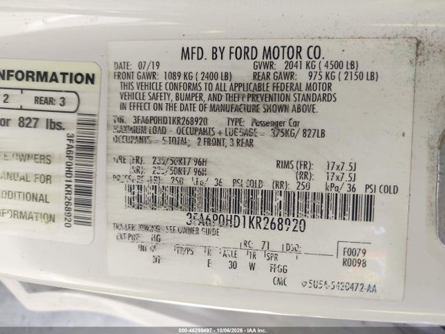 Продаж на аукціоні авто 2019 Ford Fusion Se, vin: 3FA6P0HD1KR268920, номер лоту: 46298497