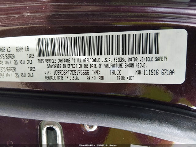 Продаж на аукціоні авто 2012 Ram 1500 Laramie Longhorn/limited Edition, vin: 1C6RD6PT7CS175666, номер лоту: 46298519