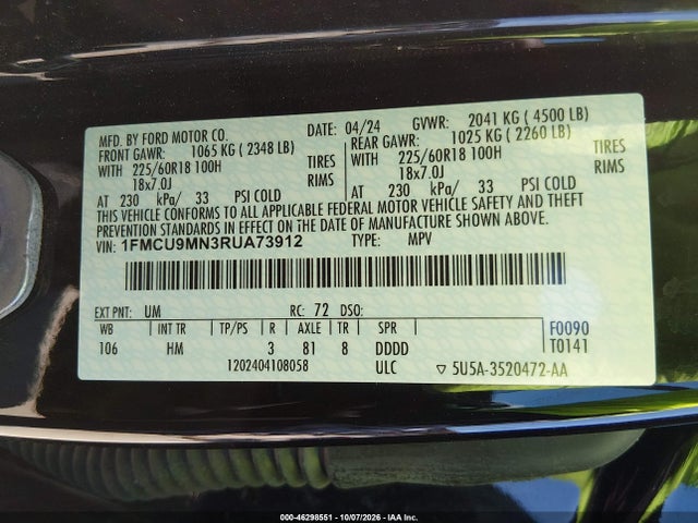 Aukcja sprzedaży 2024 Ford Escape St-line, vin: 1FMCU9MN3RUA73912, numer aukcji: 46298551