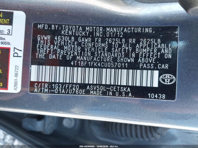 Aukcja sprzedaży 2012 Toyota Camry Se, vin: 4T1BF1FK4CU057011, numer aukcji: 46298566