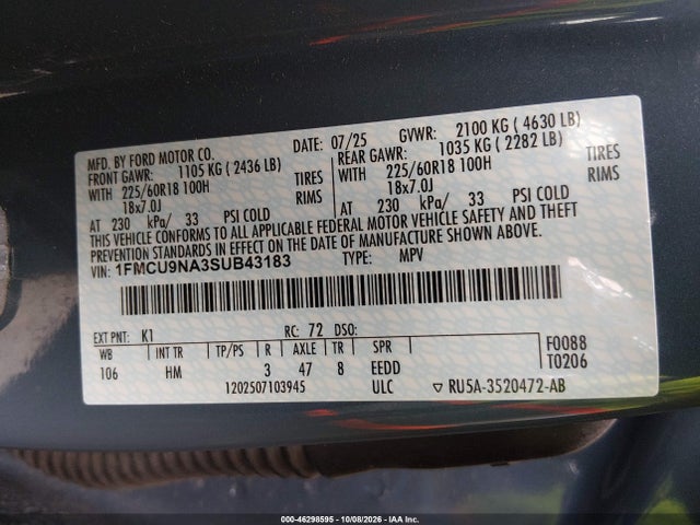 Продаж на аукціоні авто 2025 Ford Escape St-line Select, vin: 1FMCU9NA3SUB43183, номер лоту: 46298595