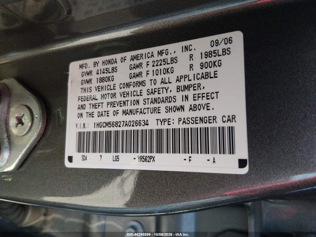 Aukcja sprzedaży 2007 Honda Accord 2.4 Ex, vin: 1HGCM56827A026634, numer aukcji: 46298599