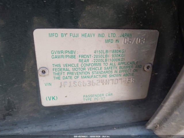 Aukcja sprzedaży 2004 Subaru Forester 2.5x, vin: JF1SG63624H707458, numer aukcji: 46298631