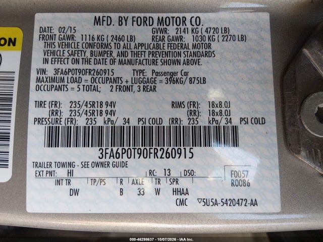 46298637 :رقم المزاد ، 3FA6P0T90FR260915 vin ، 2015 Ford Fusion Se مزاد بيع