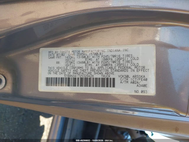 2002 Toyota Tundra Sr5 მანქანა იყიდება აუქციონზე, vin: 5TBRN34172S329428, აუქციონის ნომერი: 46298652