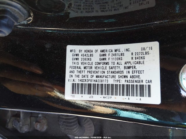 Aukcja sprzedaży 2017 Honda Accord Touring V6, vin: 1HGCR3F91HA008173, numer aukcji: 46298664