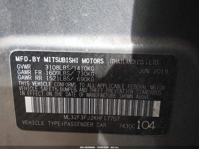46298666 :رقم المزاد ، ML32F3FJ2KHF17707 vin ، 2019 Mitsubishi Mirage G4 Es مزاد بيع