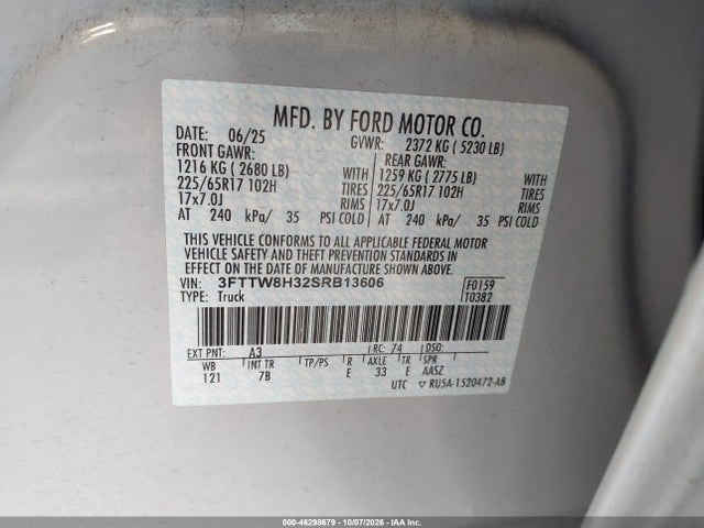 Продаж на аукціоні авто 2025 Ford Maverick Xlt, vin: 3FTTW8H32SRB13606, номер лоту: 46298679
