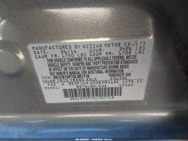 2016 Nissan Versa 1.6 Sv მანქანა იყიდება აუქციონზე, vin: 3N1CN7AP7GL907718, აუქციონის ნომერი: 46298681