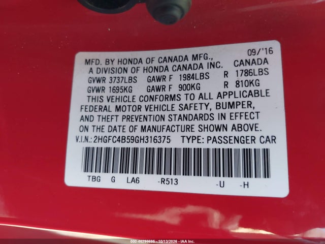 Honda Civic Lx 2016 2HGFC4B59GH316375 Image 9