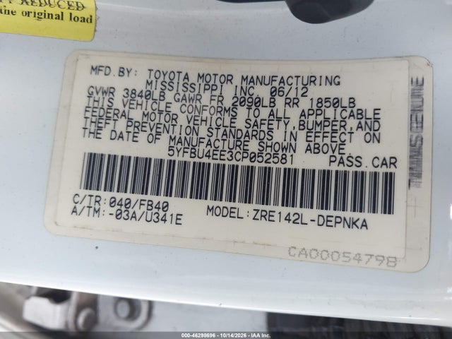 Aukcja sprzedaży 2012 Toyota Corolla Le, vin: 5YFBU4EE3CP052581, numer aukcji: 46298696