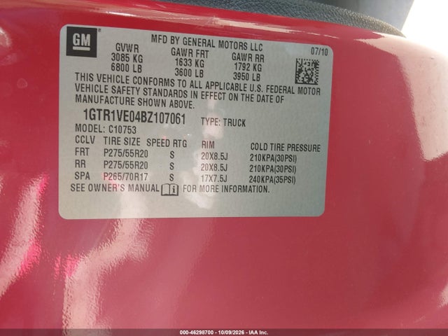 46298700 :رقم المزاد ، 1GTR1VE04BZ107061 vin ، 2011 Gmc Sierra 1500 Sle مزاد بيع