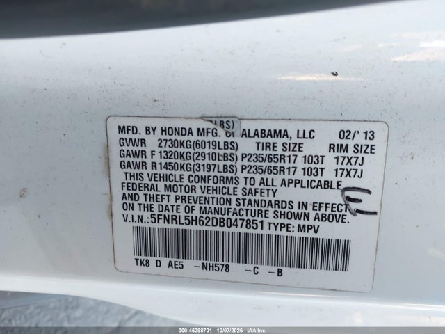 Продаж на аукціоні авто 2013 Honda Odyssey Ex-l, vin: 5FNRL5H62DB047851, номер лоту: 46298701