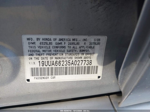 46298793 :رقم المزاد ، 19UUA66235A027738 vin ، 2005 Acura Tl مزاد بيع