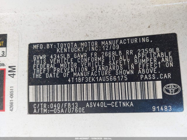Aukcja sprzedaży 2010 Toyota Camry Le, vin: 4T1BF3EK1AU566175, numer aukcji: 46298807