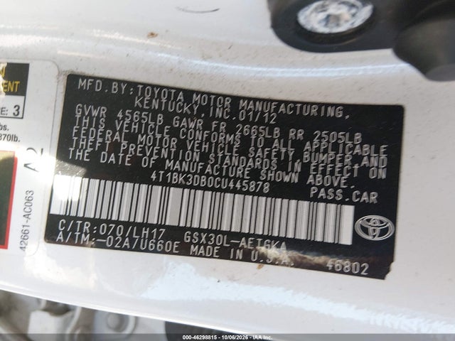 46298815 :رقم المزاد ، 4T1BK3DB0CU445878 vin ، 2012 Toyota Avalon مزاد بيع