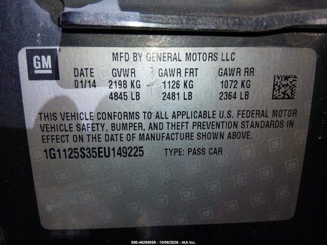 46298859 :رقم المزاد ، 1G1125S35EU149225 vin ، 2014 Chevrolet Impala 2lt مزاد بيع