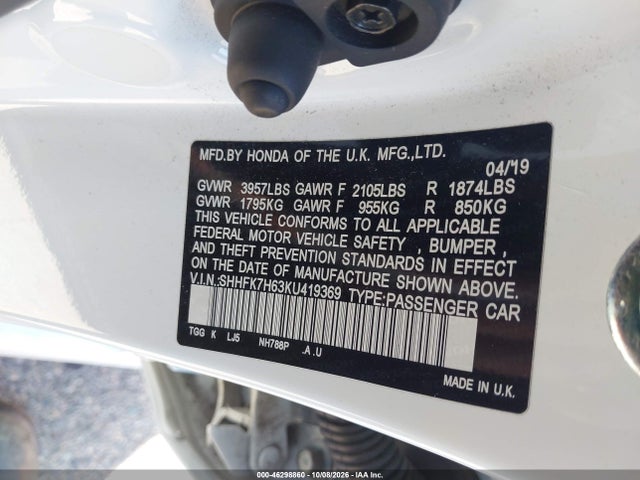 Продаж на аукціоні авто 2019 Honda Civic Ex, vin: SHHFK7H63KU419369, номер лоту: 46298860