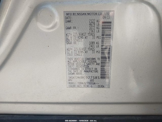 Продаж на аукціоні авто 2015 Nissan Rogue Sv, vin: 5N1AT2MV8FC927585, номер лоту: 46298861