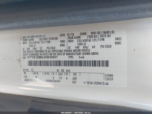 Aukcja sprzedaży 2018 Ford Transit-150, vin: 1FTYE1ZMXJKB35931, numer aukcji: 46298871