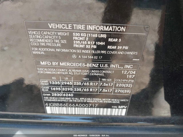 Aukcja sprzedaży 2006 Mercedes-benz Ml 350 4matic, vin: 4JGBB86E66A000717, numer aukcji: 46298925