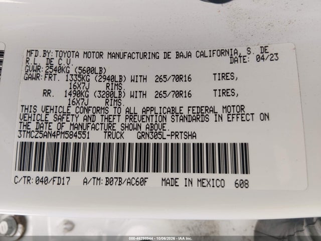 2023 Toyota Tacoma Trd Off Road მანქანა იყიდება აუქციონზე, vin: 3TMCZ5AN4PM584551, აუქციონის ნომერი: 46298944
