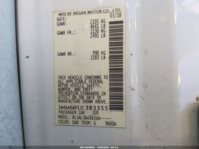 Продаж на аукціоні авто 2018 Nissan Maxima 3.5 Sv, vin: 1N4AA6AP1JC383355, номер лоту: 46298952