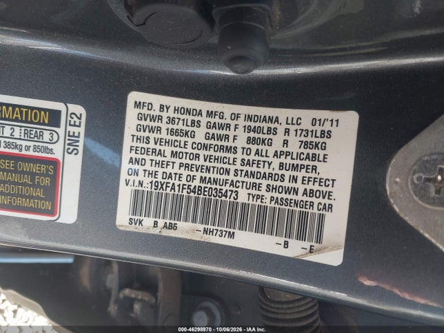 Aukcja sprzedaży 2011 Honda Civic Lx, vin: 19XFA1F54BE035473, numer aukcji: 46298970