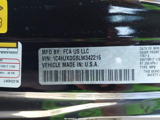 Aukcja sprzedaży 2020 Jeep Wrangler Unlimited Sport S 4x4, vin: 1C4HJXDG8LW342216, numer aukcji: 46298973