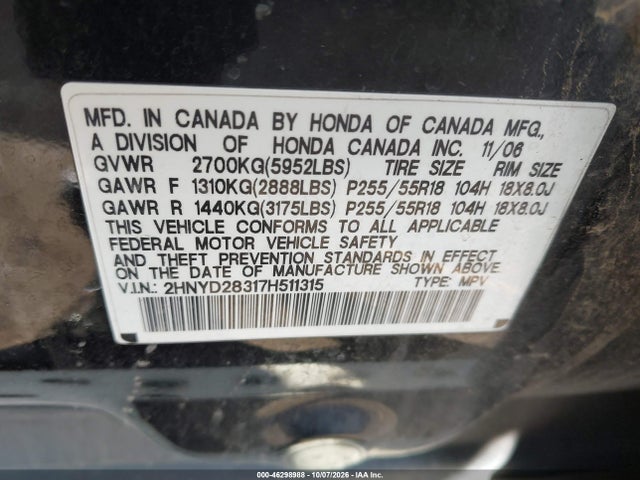 Aukcja sprzedaży 2007 Acura Mdx Technology Package, vin: 2HNYD28317H511315, numer aukcji: 46298988