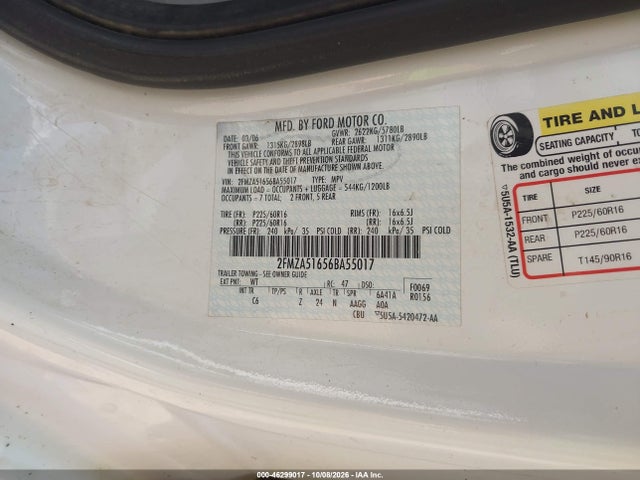 2006 Ford Freestar Se მანქანა იყიდება აუქციონზე, vin: 2FMZA51656BA55017, აუქციონის ნომერი: 46299017