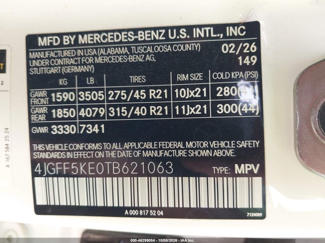 Aukcja sprzedaży 2026 Mercedes-benz Gls 450 4matic, vin: 4JGFF5KE0TB621063, numer aukcji: 46299054