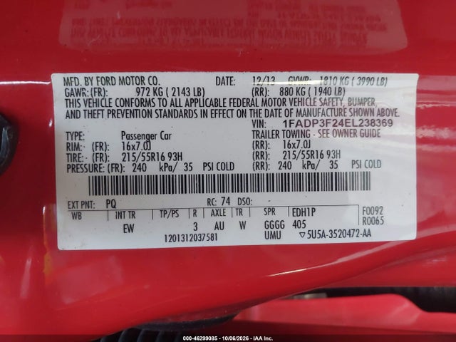 Aukcja sprzedaży 2014 Ford Focus Se, vin: 1FADP3F24EL238369, numer aukcji: 46299085