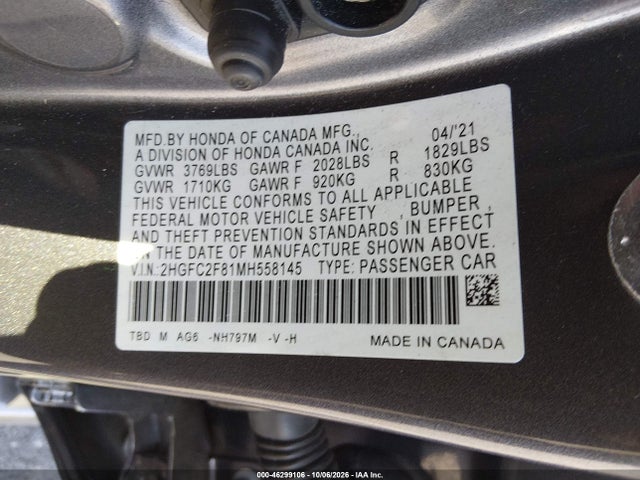 Продаж на аукціоні авто 2021 Honda Civic Sport, vin: 2HGFC2F81MH558145, номер лоту: 46299106