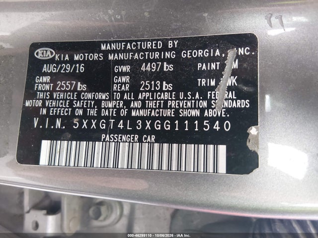 46299110 :رقم المزاد ، 5XXGT4L3XGG111540 vin ، 2016 Kia Optima Lx مزاد بيع