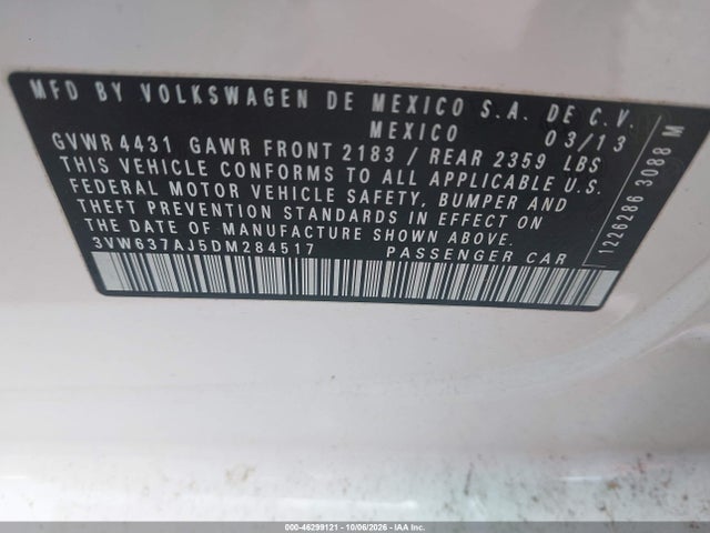 Aukcja sprzedaży 2013 Volkswagen Jetta Hybrid Se, vin: 3VW637AJ5DM284517, numer aukcji: 46299121