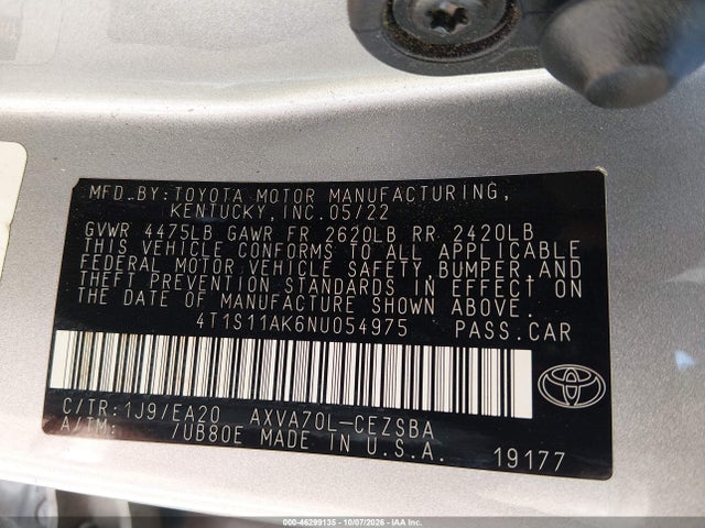 Продажа на аукционе авто 2022 Toyota Camry Se, vin: 4T1S11AK6NU054975, номер лота: 46299135