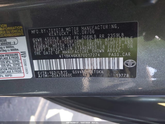 Aukcja sprzedaży 2007 Toyota Camry Se V6, vin: 4T1BK46K87U017274, numer aukcji: 46299137