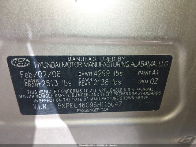 Aukcja sprzedaży 2006 Hyundai Sonata Gls, vin: 5NPEU46C96H115047, numer aukcji: 46299155